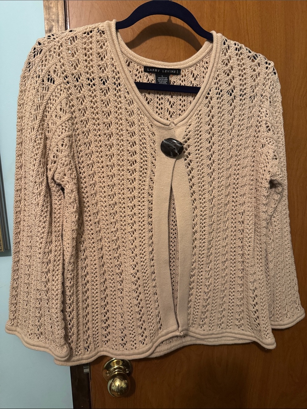 Larry Levine Beige Openwork Crochet Cardigan with Decorative Button
